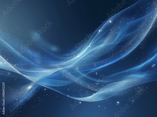 Vector illustration of an abstract blue background featuring a luminous effect and glow. The design includes curved lines, white waves, sun rays, and bokeh, making it suitable for presentations