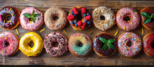 A collection of artisanal donuts with unique flavors and garnishes, arranged on a wooden board for National Donut Day. 32k, full ultra HD, high resolution. photo