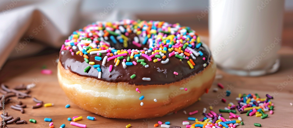 A donut decorated with chocolate icing and rainbow sprinkles, creating a fun and festive treat for National Donut Day. 32k, full ultra HD, high resolution.