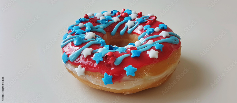 A donut decorated with red, white, and blue icing, celebrating National Donut Day with a patriotic theme. 32k, full ultra HD, high resolution.