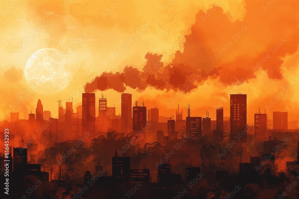Illustrated City. Scorched Sunset City Skyline Silhouette with Smog Background
