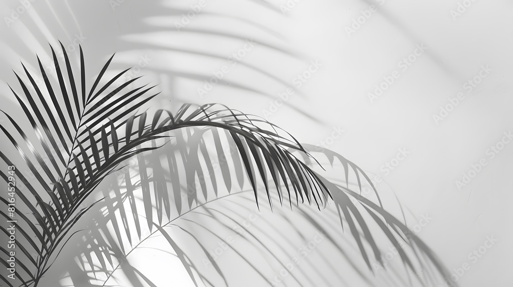 Fototapeta premium Abstract shadow black white palm leaf shadow on a white wall Background Blank copy space : Generative AI