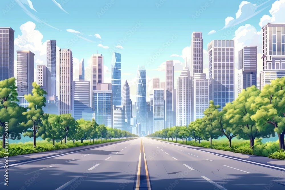 Obraz premium Town Road. Modern Asphalt Road through City Skyline for Travelers