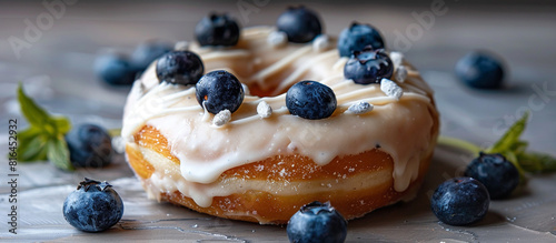 A donut decorated with white icing and fresh blueberries, showcasing a delicious treat for National Donut Day. 32k, full ultra HD, high resolution. photo