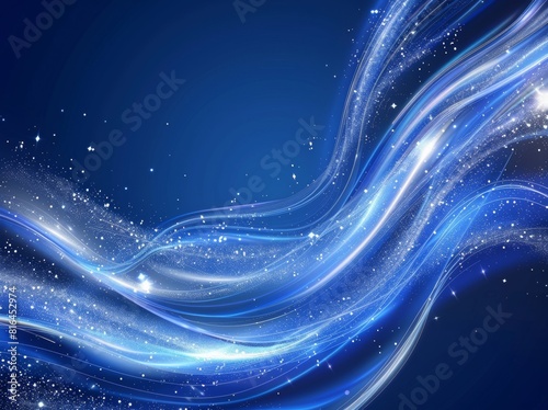 Vector illustration of an abstract blue background featuring a luminous effect and glow. The design includes curved lines, white waves, sun rays, and bokeh, making it suitable for presentations