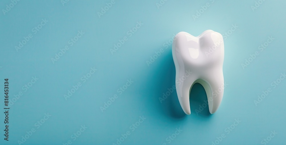 a close - up of a white tooth on a blue background, with a blue shadow in the foreground