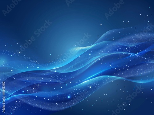 Vector illustration of an abstract blue background featuring a luminous effect and glow. The design includes curved lines, white waves, sun rays, and bokeh, making it suitable for presentations