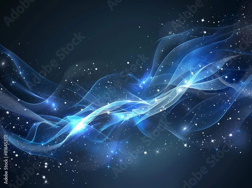 Vector illustration of an abstract blue background featuring a luminous effect and glow. The design includes curved lines, white waves, sun rays, and bokeh, making it suitable for presentations