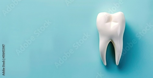 a close - up of a white tooth on a blue background, with a blue shadow in the foreground