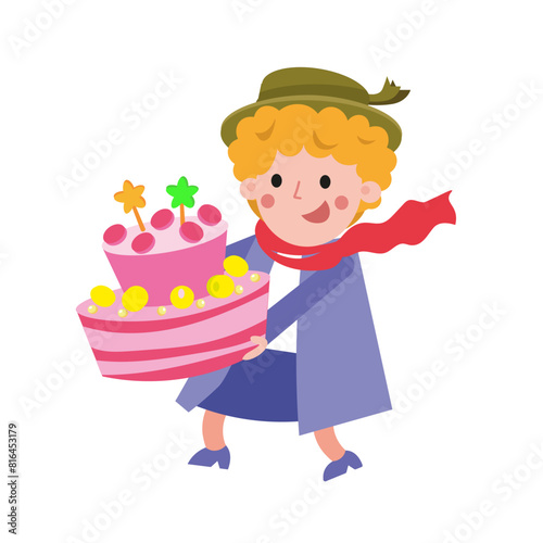 Cute grandmother in hat with cake for granddaughter. Birthday. Cartoon vector isolated illustration for design. 