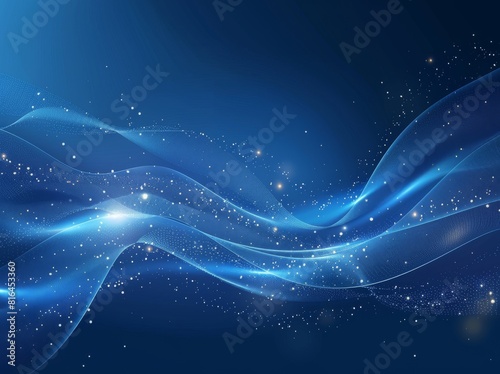 Vector illustration of an abstract blue background featuring a luminous effect and glow. The design includes curved lines, white waves, sun rays, and bokeh, making it suitable for presentations