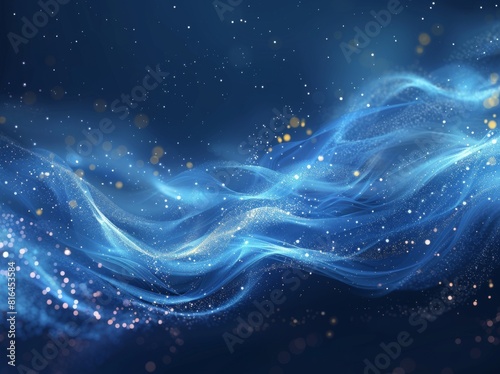Vector illustration of an abstract blue background featuring a luminous effect and glow. The design includes curved lines, white waves, sun rays, and bokeh, making it suitable for presentations