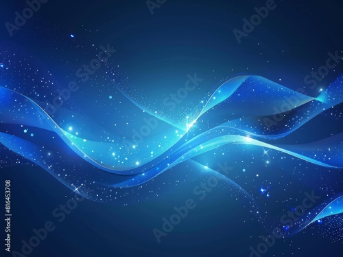 Vector illustration of an abstract blue background featuring a luminous effect and glow. The design includes curved lines, white waves, sun rays, and bokeh, making it suitable for presentations