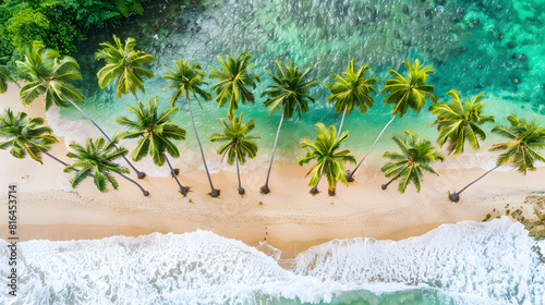 Beautiful white sand beach with turquoise water, aerial view from drone, tropical background concept for summer vacation and travel banner with copy space text © Mangata Imagine