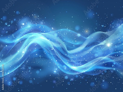 Vector illustration of an abstract blue background featuring a luminous effect and glow. The design includes curved lines, white waves, sun rays, and bokeh, making it suitable for presentations