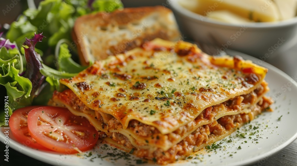 Artistic close-up of lasagna with fresh salad and garlic bread on the side, emphasized for clarity and appeal in advertising, isolated background Artistic close-up of lasagna with fresh salad and garlic bread on the side, emphasized for clarity and appeal in advertising, isolated background