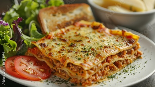 Artistic close-up of lasagna with fresh salad and garlic bread on the side, emphasized for clarity and appeal in advertising, isolated background