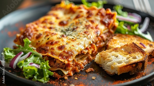 Artistic close-up of lasagna with fresh salad and garlic bread on the side, emphasized for clarity and appeal in advertising, isolated background photo