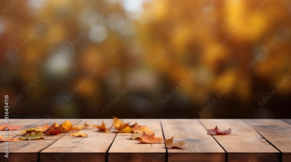 Wooden table top with autumns leaves background