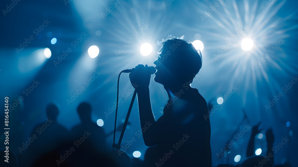 Vocalist in front of crowd on scene in stadium Bright stage lighting crowded dance floor Phone lights at concert Band blue silhouette crowd People with cell phone lights : Generative AI Vocalist in front of crowd on scene in stadium Bright stage lighting crowded dance floor Phone lights at concert Band blue silhouette crowd People with cell phone lights : Generative AI