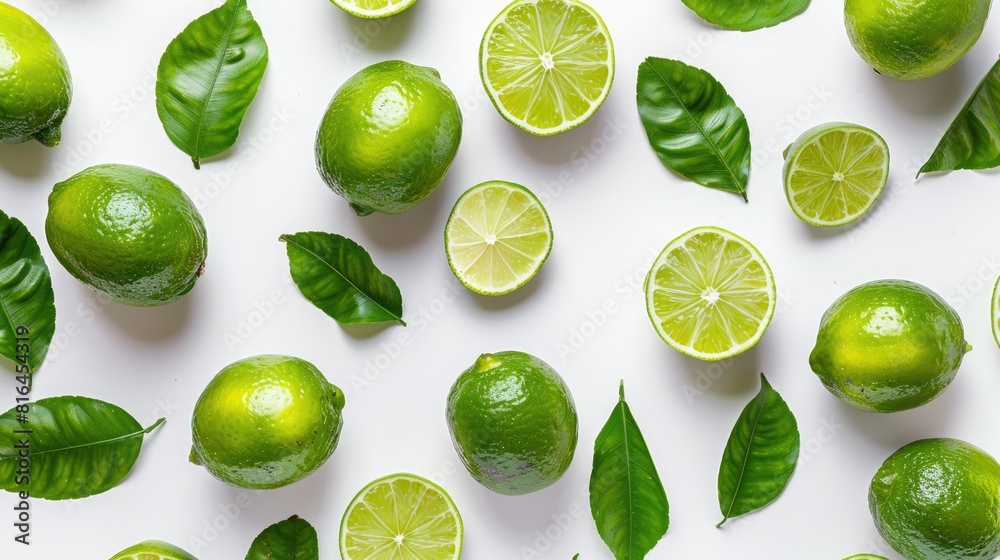 Fresh ripe limes and leaves arranged on a white surface top view Fresh ripe limes and leaves arranged on a white surface top view