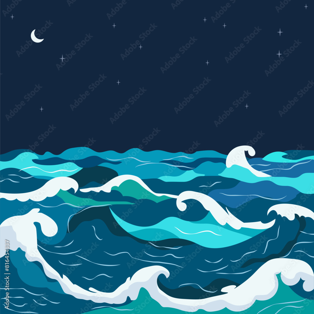 Naklejka premium Nature Background of Blue Sea Ocean Water Waves with Crescent at Night