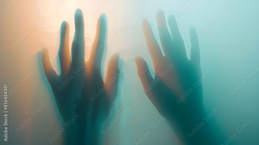 Left and right hand shadow blur behind frosted glassshadow of hands behind frosted glass : Generative AI
