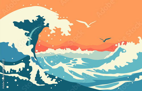 Nature Landscape Background with Big Sea Ocean Water Waves in Summer