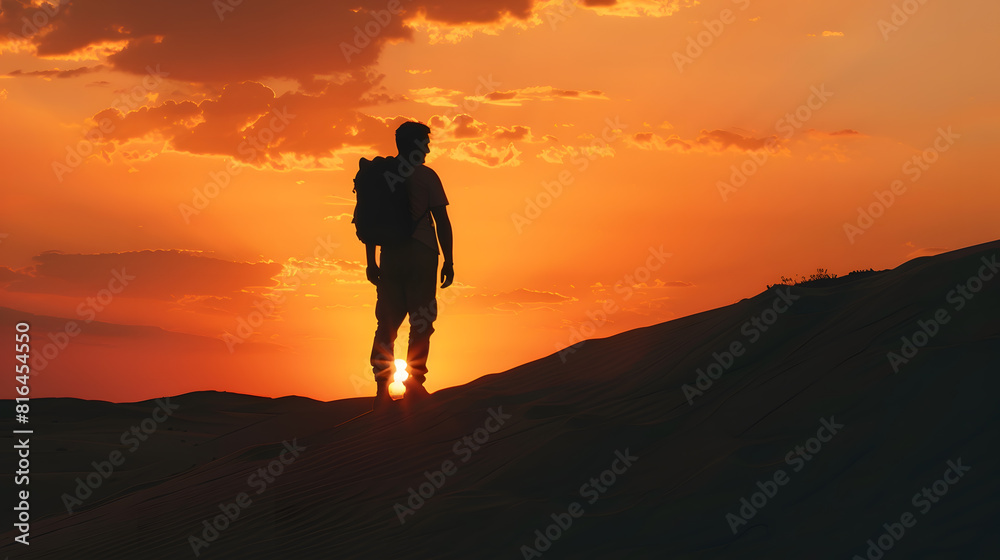 silhouette of a man with a backpack standing on a dune at sunset : Generative AI
