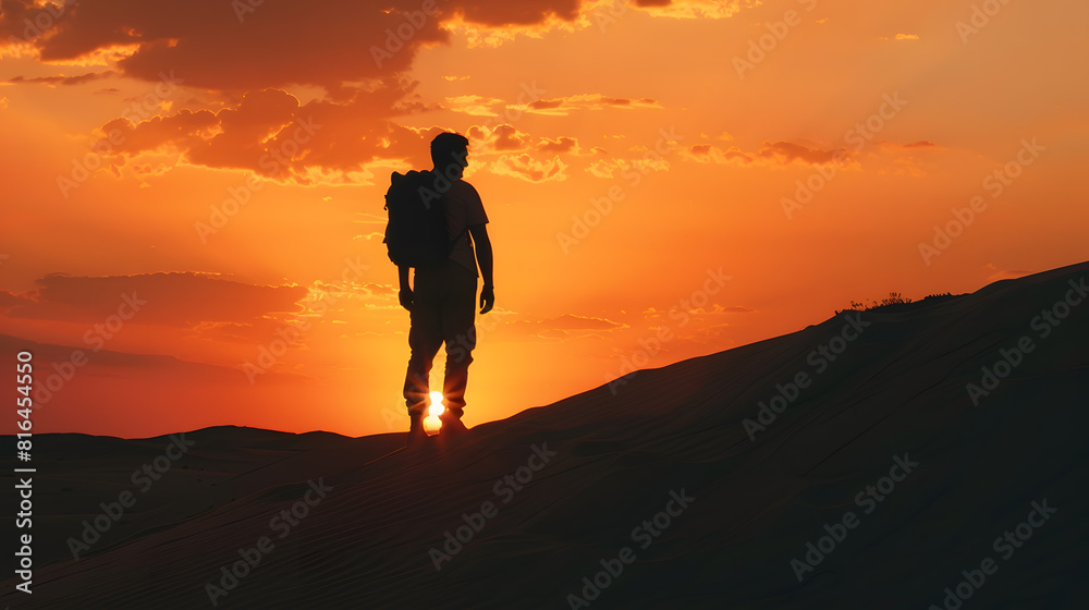 silhouette of a man with a backpack standing on a dune at sunset : Generative AI silhouette of a man with a backpack standing on a dune at sunset : Generative AI