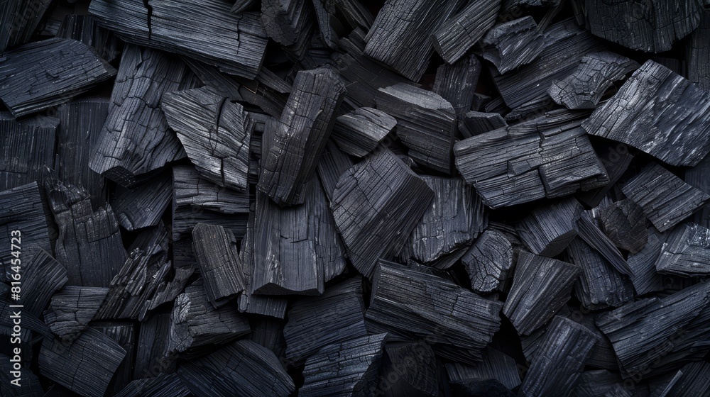 Artistic arrangement of natural wood charcoal from above, showing unique textures and forms, ideal for ads, studio lighting Artistic arrangement of natural wood charcoal from above, showing unique textures and forms, ideal for ads, studio lighting