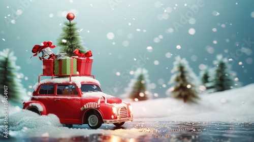 Red Santa's car with gift boxes and christmas tree on the top. Merry Christmas and a Happy New Year concept. Red vintag car with Christmas tree photo
