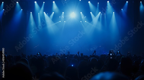A crowded concert hall with scene stage lights in blue tones rock show performance with people silhouette on a dance floor air during a concert festival : Generative AI