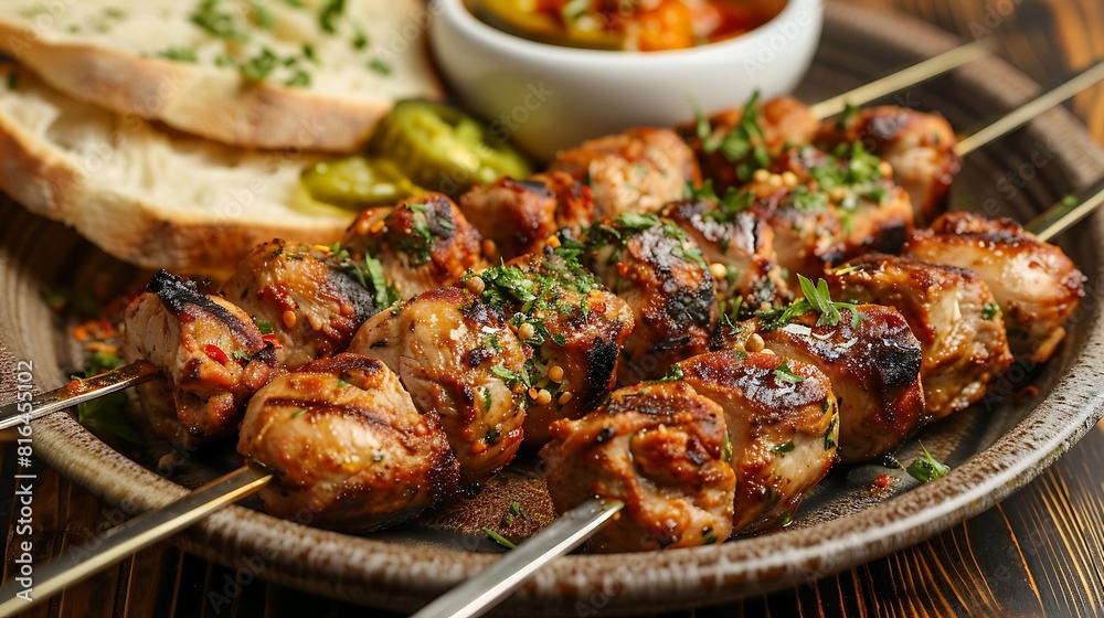 Shish tawook kebab with pickle and bread served in a dish isolated on wooden background side view Shish tawook kebab with pickle and bread served in a dish isolated on wooden background side view