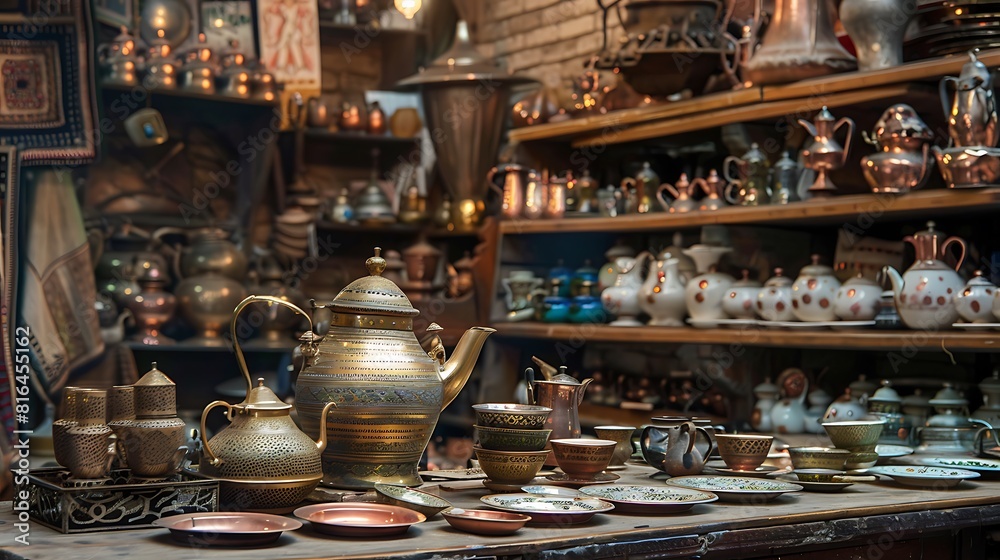 Shop with tea set and copper kettle at market Shop with tea set and copper kettle at market