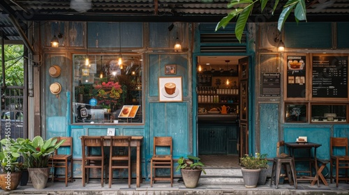Authentic images capturing the allure of Thai coffee shop front designs, combining modern simplicity with vintage accents. Perfect for lifestyle magazines or travel blogs. © panu101