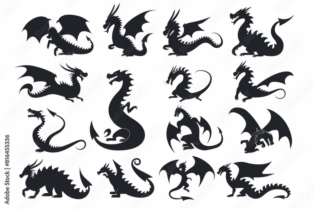 Obraz premium Silhouettes of dragons, depicted in various shapes and sizes, appear as black vector icons against a white backdrop. These designs embrace a straightforward style, characterized by flat colors
