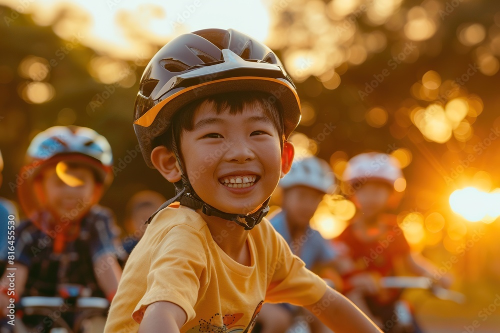 two young boys, one wearing a blue shirt and the other a yellow shirt, ride bikes together the boy on the left wears a white helmet and has a small nose and ear the two young boys, one wearing a blue shirt and the other a yellow shirt, ride bikes together the boy on the left wears a white helmet and has a small nose and ear the
