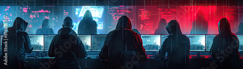 A digital collage of anonymous, hooded figures operating behind computer screens in a dark room, highlighting the secretive nature of scammers. photo