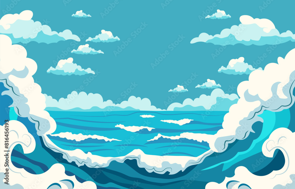Sea Landscape Frame Background with Blue Ocean Waves in Bright Sky Sea Landscape Frame Background with Blue Ocean Waves in Bright Sky