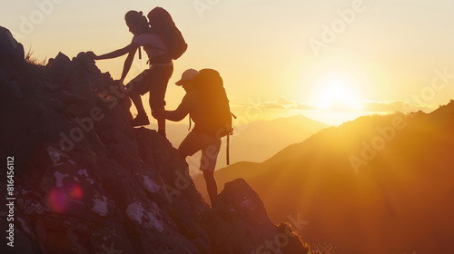 Silhouette of Asian Male and female hikers climbing up mountain cliff and one of them giving helping hand with friend at sunset People helping Asia couple hiking help each other concep : Generative AI photo