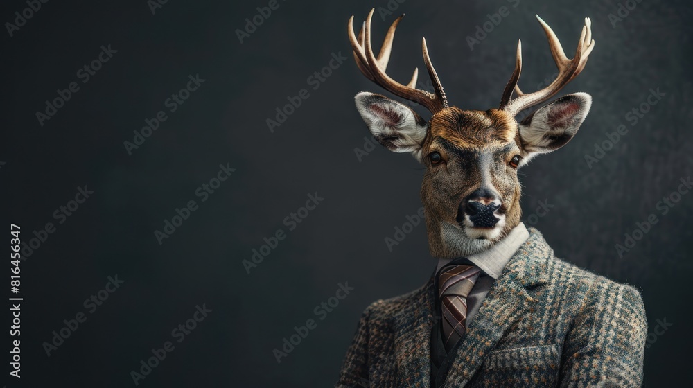 A deer wearing a suit and tie stands in front of a dark background
