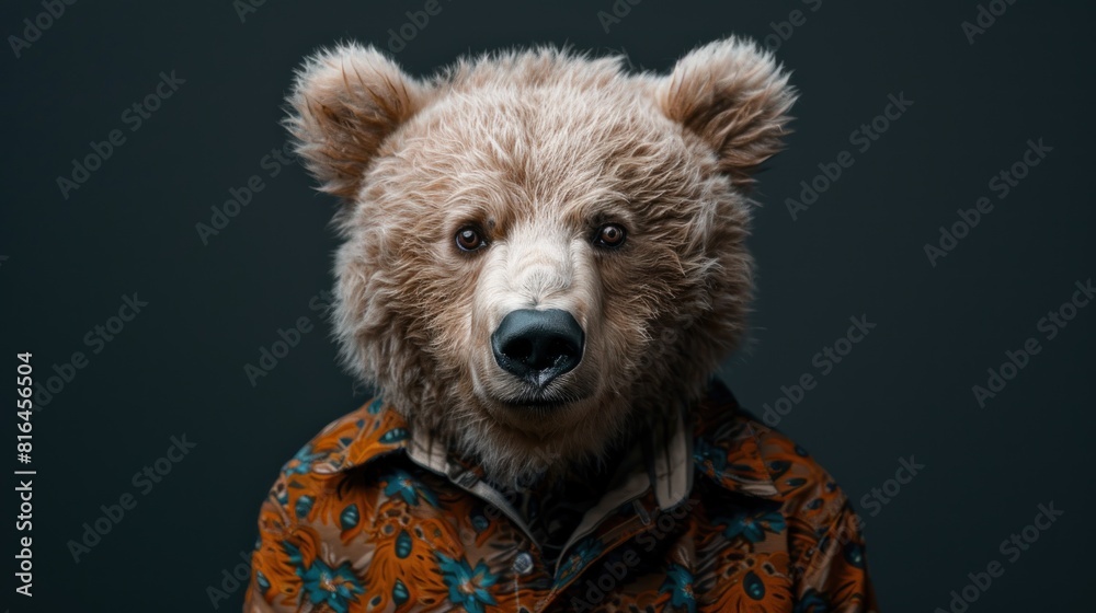 Fototapeta premium A bear is wearing a shirt and standing in front of a wall