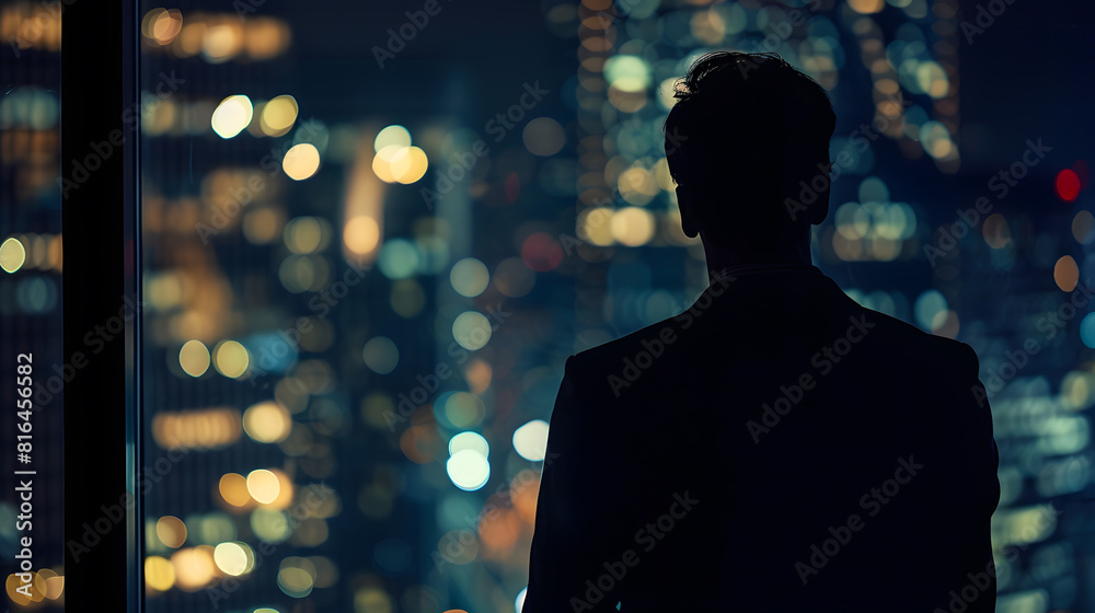 Silhouette of a Business Man looking out of high rise office window at night : Generative AI Silhouette of a Business Man looking out of high rise office window at night : Generative AI