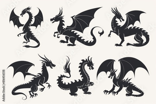 Silhouettes of dragons  depicted in various shapes and sizes  appear as black vector icons against a white backdrop. These designs embrace a straightforward style  characterized by flat colors