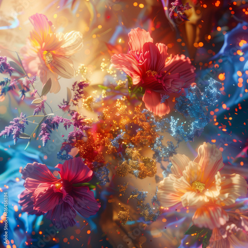 3D exploding cloud of flowers 3D with shimmering glitter , abstract  background with explosione, 3D magic in space , fractal background © Evgenia