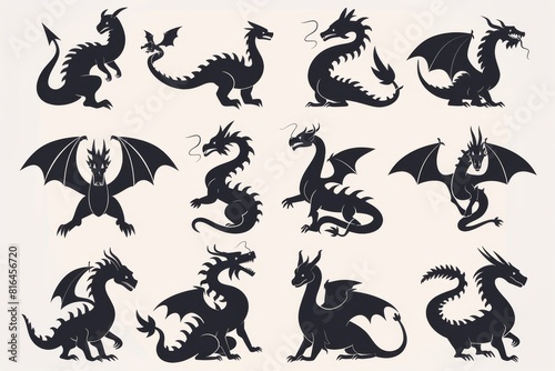 Silhouettes of dragons  depicted in various shapes and sizes  appear as black vector icons against a white backdrop. These designs embrace a straightforward style  characterized by flat colors