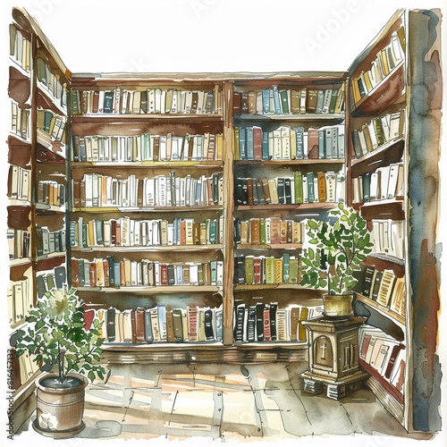 Peaceful watercolor of a Christian library shelves filled with religious texts