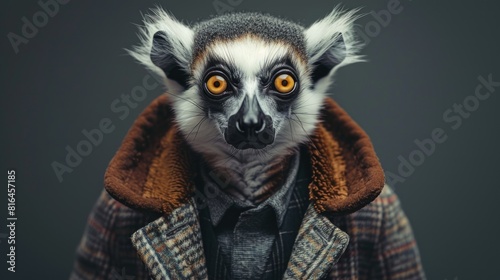 A man with a lemur face is wearing a brown coat