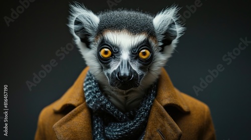 A man is wearing a fur coat and scarf and has a lemur face